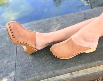 Brown Suede Leather Clogs: Swedish Slingback Sandals, Platform Mules for Women
