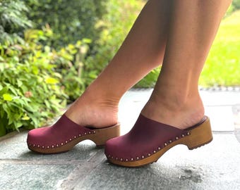 Nubuk Leather Clogs, Maroon Wooden Platform Slides with Studs, Platform Sandals for Women