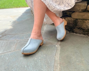 Blue Suede Leather Clogs: Swedish Slingback Sandals Flip Flops, Platform Mules for Women with Silver Studs