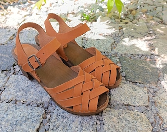 Peep Toe Nubuck Leather Clogs, High Heel Wooden Sole Sandals