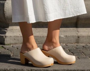 Women's High Heels for Women & Wooden Clogs: High Heel Leather Mules, Platform Sandals