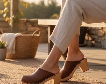 Zuecos de tacón alto para mujer: mules de cuero hechos a mano, sandalias de plataforma de madera y chanclas.
