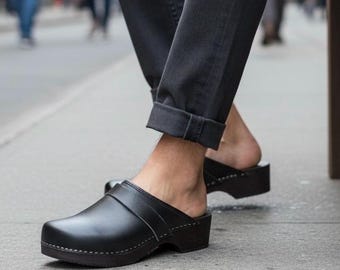 Handcrafted Swedish Leather Clogs: Comfortable Slip On Wooden Mules and Sandals for Men