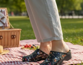 Handcrafted Floral Design Swedish Clogs:  Wedge Platform Sandals for Women, Gardening Clogs
