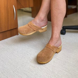 Swedish Suede Clogs, Slingback Nursing Shoes: Wooden Clogs for Women & Platform Mules
