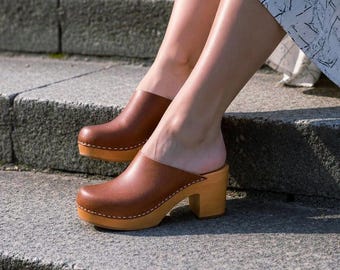 Women's High Heel Clogs: Handmade Platform Mules, Wooden Letaher Barefoot Sandals Nude Heels