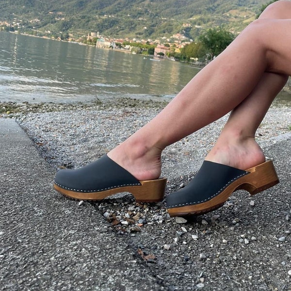 Womens Black Clogs with Dark Brown Wooden Sole, Swedish Clogs from Nubuk Leather Classic Clogs, Nurse Shoes