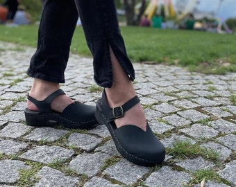 Sandali con piattaforma nera, sandali con cinturino alla caviglia, sandali da donna, zoccoli da donna, sandali ortopedici, zoccoli di legno, scarpe a piedi nudi, sandali con zoccoli