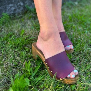 May include: Wooden clogs with a dark purple leather strap and a wooden heel. The clogs are adorned with small gold-coloured studs. The shoes are shown on a background of green grass.