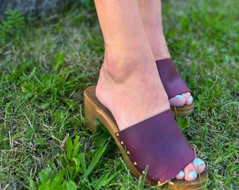 Zuecos y sandalias de tacón alto con punta abierta para mujer, tacones retro vintage de los años 70, zuecos de plataforma de madera.