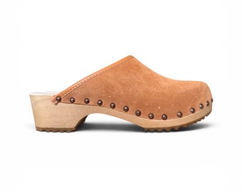 Brown Suede Leather Clogs: Swedish Slingback Sandals, Platform Mules for Women