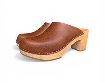 Women's High Heel Clogs: Handmade Leather Mules, Wooden Platform Sandals & Slides