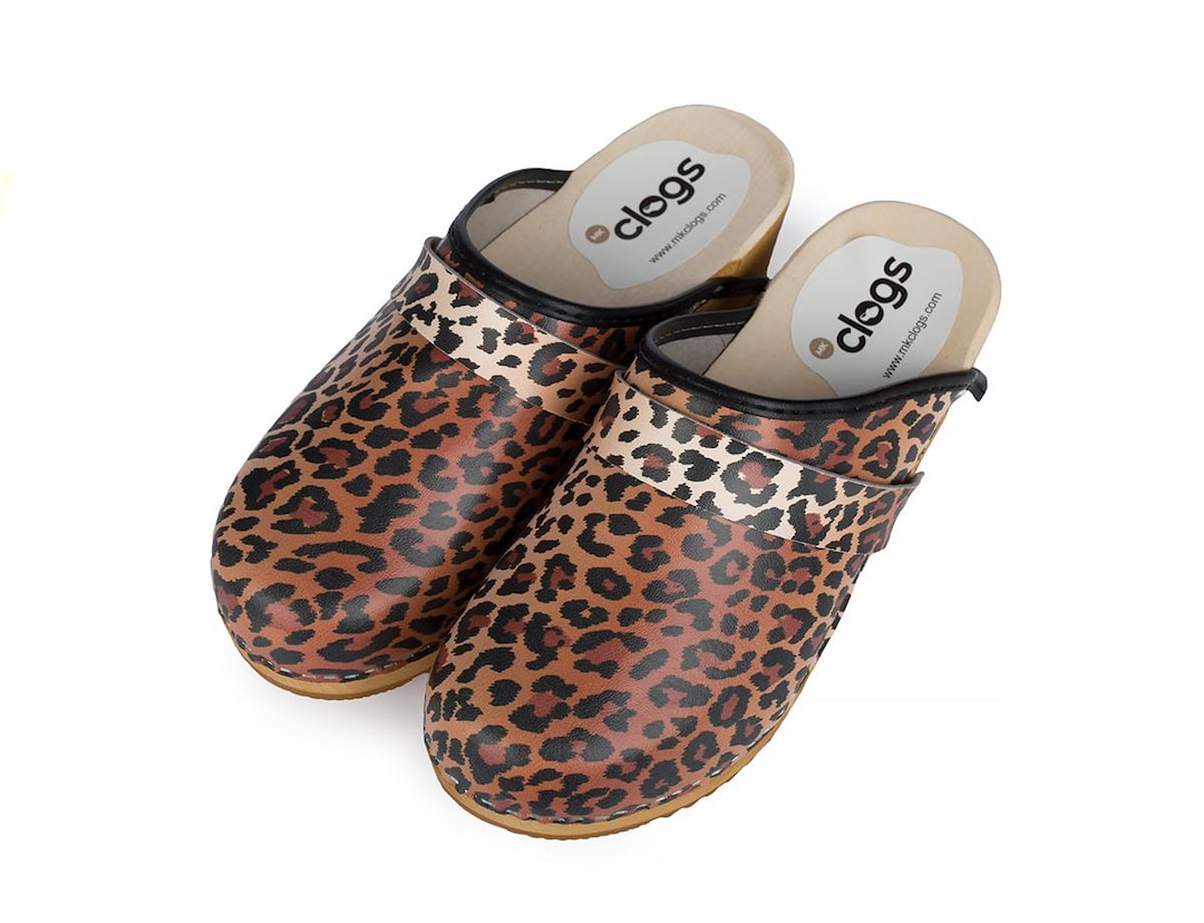 Orthopedic Wooden Clogs for Women Leopard Sandals, Low Heel Clogs ...