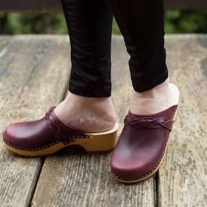 Swedish Wooden Burgundy Clogs with Braid, Slingback Mules, Custom Clogs for Women Summer Shoes