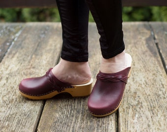 Swedish Wooden Burgundy Clogs with Braid, Slingback Mules, Custom Clogs for Women Summer Shoes