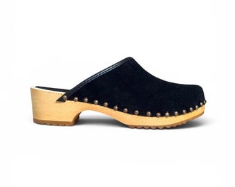 Black Suede Leather Clogs: Swedish Slingback Sandals, Platform Mules for Women