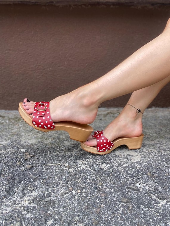 Open Toe Clogs, Red Sandals, Wood Clogs, Red Dots Mules, Platform Flip Flops, Slingback Sandals, Zoccoli, Leather Mules