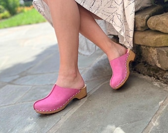 Pink Suede Leather Clogs: Swedish Slingback Sandals Flip Flops, Platform Mules for Women