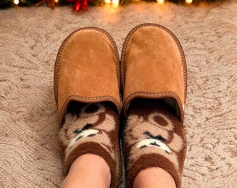 Wool Slippers for Women, Handmade Sheepskin Slippers Fur Warm House Shoes & Christmas Gift