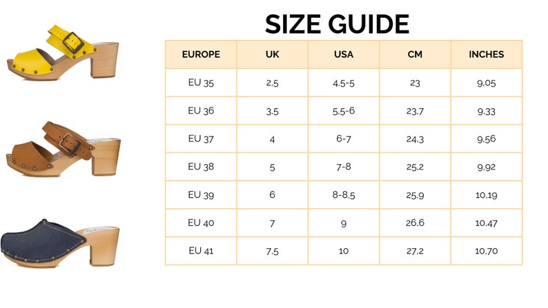 Puede incluir: Gu&iacute;a de tallas para zuecos de mujer en tallas europeas, brit&aacute;nicas, estadounidenses y CM. La tabla muestra las tallas correspondientes en pulgadas y cent&iacute;metros. Los zuecos est&aacute;n disponibles en amarillo, marr&oacute;n y azul.