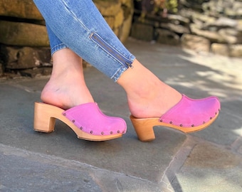 Pink Suede Leather Clogs: Wooden Platform High Heel Mules, Platform Sandals for Women