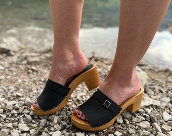 High Heels Black Leather Platform Slides, 70s Clogs, Womens Dress Shoes, High Heel Sandals Womens Clogs