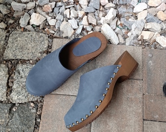 Women's Orthopedic Swedish Clogs: Blue Black and Brown Nubuck Natural Leather Sandals & Leather Mules