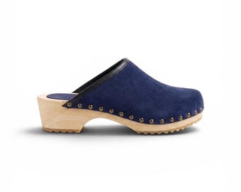 Suede Leather Clogs: Swedish Slingback Sandals, Wooden Platform Mules for Women with Studs