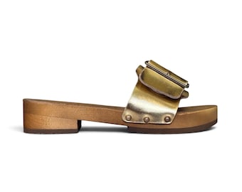 Gold Leather Clogs – Low Heel Sandals for Women: Wooden Mules and Minimalist Sandals
