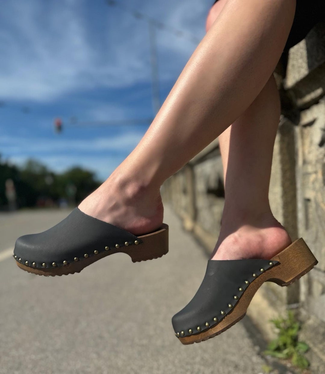 Clogs for Women: Wooden Clogs With Nubuk Leather, Stylish Black
