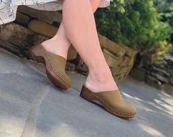Swedish Clogs for Women: Wooden Clogs with Nubuk Leather and Studs, Platform Slides Mules