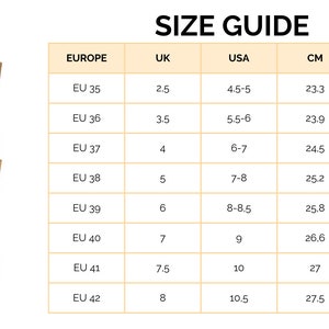 May include: Size guide for clogs in European, UK, US, and CM sizes. The chart shows the corresponding sizes in inches and centimeters.  The chart includes sizes EU 35 to EU 42.