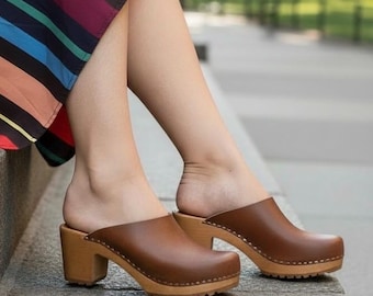 High Heel Clogs for Women: Handmade Leather Mules, Wooden Platform Sandals & Clog Sandals