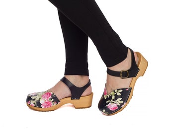Mary Jane 90s Platform Sandals, Floral Natural Leather Clogs