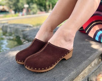 Brown Suede Leather Clogs: Swedish Slingback Sandals, Platform Mules for Women
