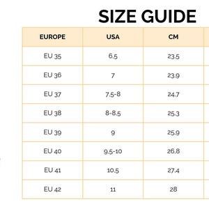 May include: Size guide for wooden clogs in European, US, and CM sizes. The chart shows the corresponding sizes in inches, centimeters, and US sizes. The clogs are available in sizes EU 35 to EU 42.