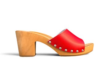 Handmade Red Leather High Heel Clogs, Wooden Platform Sandals, Open Toe Mules Clog Sandals