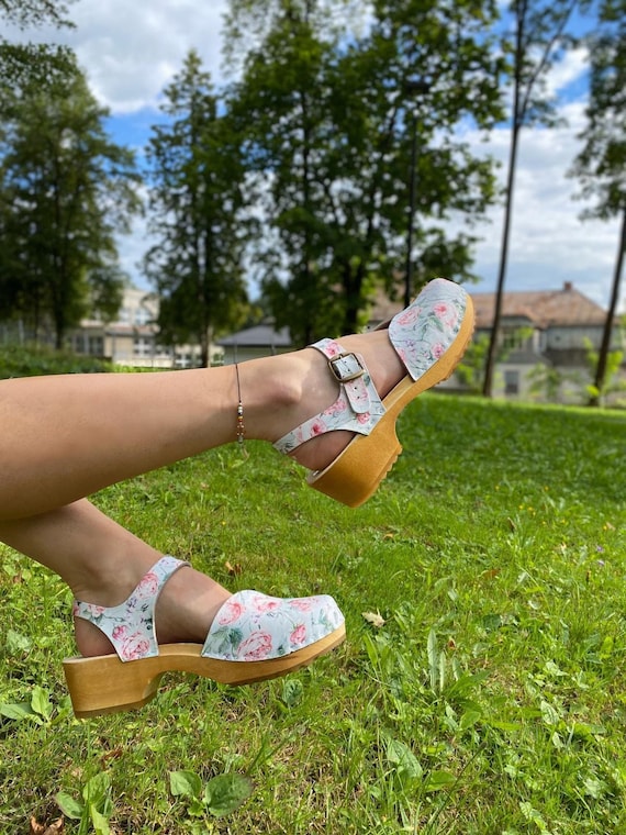 90s Mary Jane Platform Sandals, Floral Leather Clogs, Closed