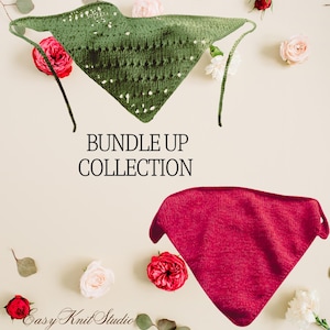Puede incluir: Dos chales triangulares de punto, uno verde y otro rojo, se exhiben con detalles florales. El chal verde tiene un diseño texturizado y lazos. El chal rojo es de color liso. El texto "BUNDLE UP COLLECTION" está en el centro.