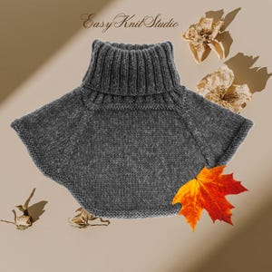 May include: A gray knitted turtleneck collar with a wide, rounded neckline. The collar is photographed against a light brown background with dried flowers and a red maple leaf.