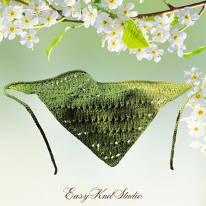 May include: A green knitted shawl with a triangular shape and tie strings. The shawl has a textured pattern and a gradient of green hues. The background features white flowers and the text "Easy Knit Studio".