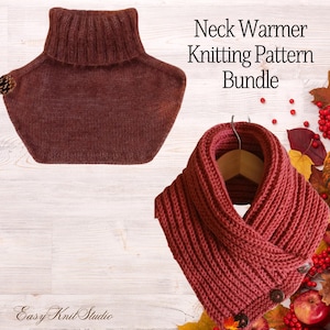 May include: A brown knitted neck warmer with a ribbed turtleneck collar and a second red knitted neck warmer featuring a ribbed texture, a folded design, and two dark buttons. The text reads Neck Warmer Knitting Pattern Bundle.