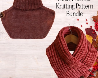 Neck Warmer Knitting Pattern Bundle PDF | Easy Dickie & Button Collar Cowl Accessories