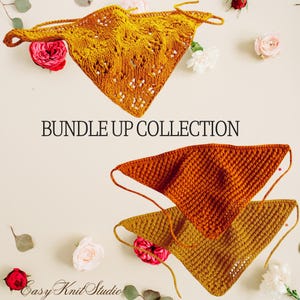 May include: A collection of handmade, triangular knit bandanas in shades of orange and yellow. The bandanas are displayed with floral accents and the text "BUNDLE UP COLLECTION" and "Easy Knit Studio".