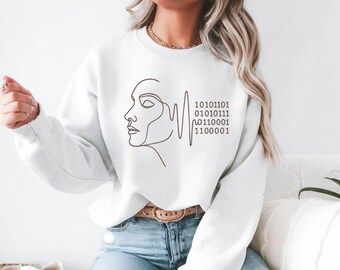 Binary Code Face Sweatshirt Gift, Minimal Line Art Tech Design, Modern Aesthetic Crewneck, Unique Gift For Programmer And Digital Artist