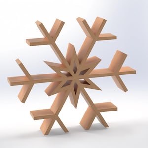 May include: A wooden snowflake-shaped shelf with a natural wood finish. The shelf has six points, each with a horizontal surface for displaying items. The design is geometric and modern, suitable for seasonal or year-round decor.