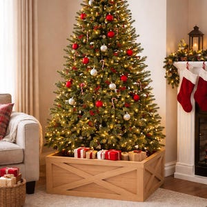 May include: A decorated Christmas tree with red and silver ornaments, candy canes, and lights. The tree sits in a wooden box filled with wrapped gifts. A cozy living room setting with a fireplace and stockings.