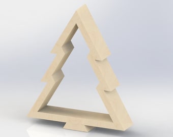 May include: A light-colored wooden Christmas tree cutout. The tree is a simple, geometric design with a triangular shape and a cutout center. The tree is standing upright on a white surface.