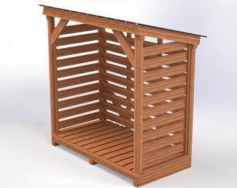 May include: A wooden firewood storage shed with a slatted design. The shed has a pitched roof and is constructed from light brown wood. The design features horizontal slats for ventilation and easy access to firewood.