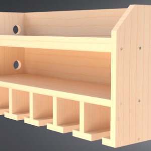 Może przedstawiać: Drewniana półka ścienna z dwoma półkami i ośmioma haczykami. Półka wykonana jest z jasnego drewna i ma naturalne wykończenie.